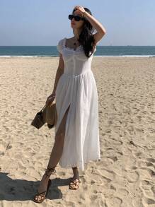DAZY 女式束腰蕾丝拼接长款度假连衣裙、休闲沙滩裙 - 白色 - 查看 5
