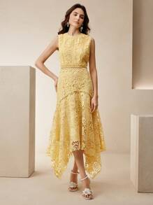 Anewsta Spring/Summer Elegant Romantic Chic High-End Water Soluble Floral Patchwork Asymmetrical Hem Yellow Dress - Yellow - View 4