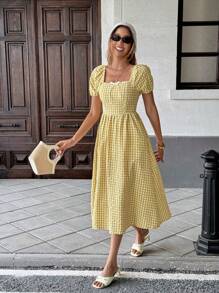 Pariaura Váy kẻ caro dài vừa phải dáng chữ A, dáng ôm vừa vặn, không dây, tay bồng, thắt nơ trang trí - Màu vàng - Xem 4