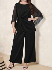 SHEIN Clasi Bộ đồ liền quần ống rộng màu trơn lưới xoắn cỡ lớn, thích hợp mặc hàng ngày, trang phục mùa hè cho phụ nữ, trang phục đi nghỉ cho phụ nữ, váy dự tiệc cưới cho phụ nữ, quần áo mùa hè, trang phục công sở cho phụ nữ, trang phục công sở cho phụ nữ, váy dự tiệc cưới, phong cách tiền bạc xa xỉ cho phụ nữ, trang phục đi chơi, mùa hè châu Âu, bộ 2 món cho phụ nữ, bộ cho phụ nữ, bộ đồ đôi cho phụ nữ, bộ mùa hè - màu đen - Xem 1