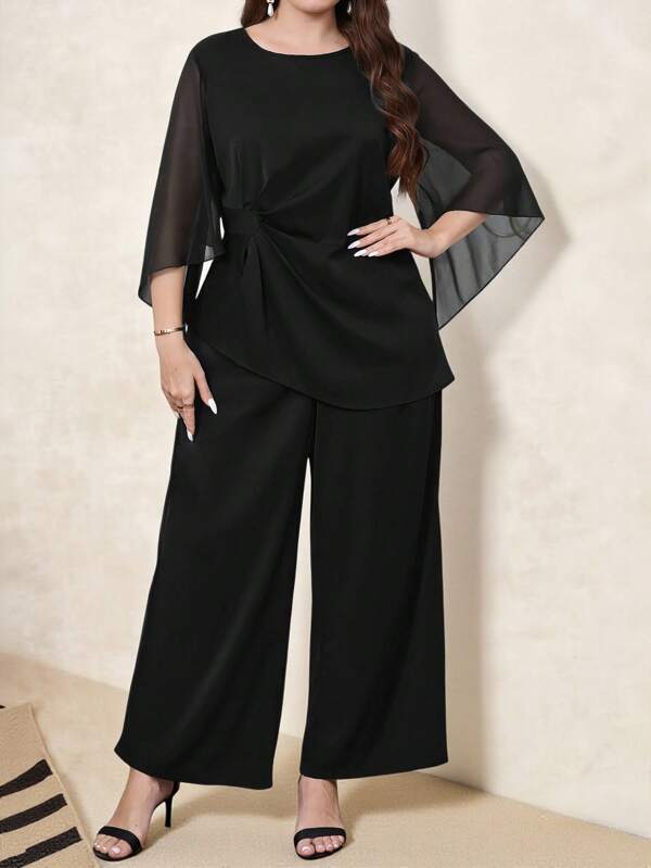 SHEIN Clasi Costum Plus Size Casual Mesh Twist Mâneci 3/4 și Pantaloni Largi, Potrivit pentru ținute de zi cu zi, ținute de vară pentru femei, ținute de vacanță femei, rochie pentru invitați de nuntă femei, haine de vară, femei casual de afaceri, ținute birou pentru femei, haine de lucru femei, rochie pentru invitați de nuntă, femei stil vechi bani, ținute de ieșire, set piese pentru vara femei, 2 femei, pereche Seturi