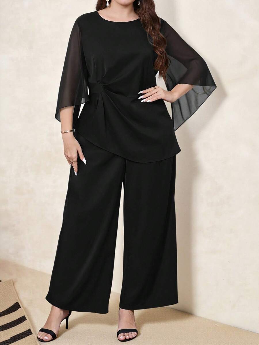 SHEIN Clasi Bộ đồ liền quần ống rộng màu trơn lưới xoắn cỡ lớn, thích hợp mặc hàng ngày, trang phục mùa hè cho phụ nữ, trang phục đi nghỉ cho phụ nữ, váy dự tiệc cưới cho phụ nữ, quần áo mùa hè, trang phục công sở cho phụ nữ, trang phục công sở cho phụ nữ, váy dự tiệc cưới, phong cách tiền bạc xa xỉ cho phụ nữ, trang phục đi chơi, mùa hè châu Âu, bộ 2 món cho phụ nữ, bộ cho phụ nữ, bộ đồ đôi cho phụ nữ, bộ mùa hè - màu đen - Xem 1