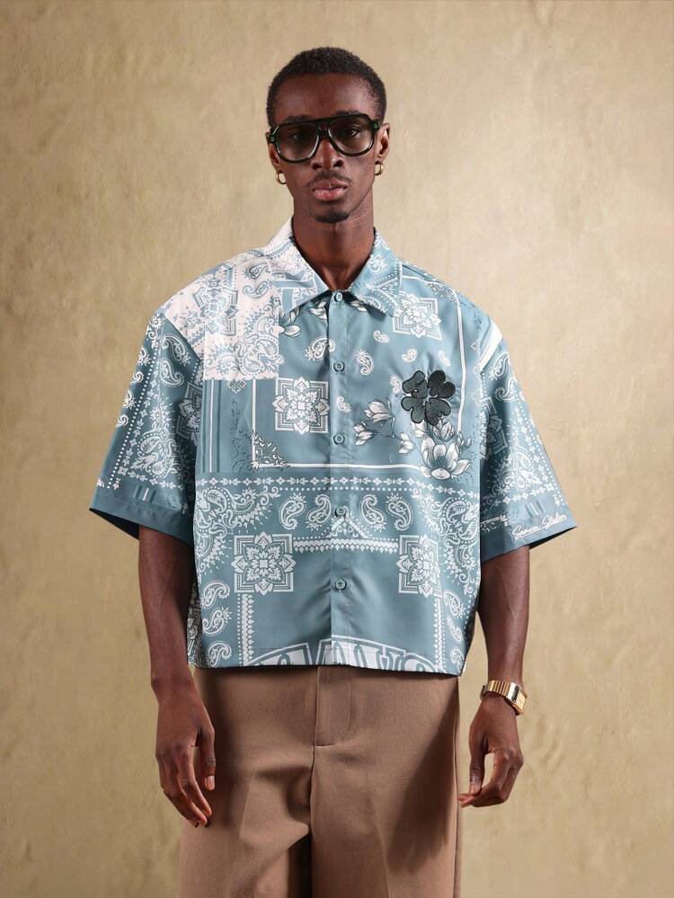 Casual Bandana Print Button Down Short Sleeve Shirt