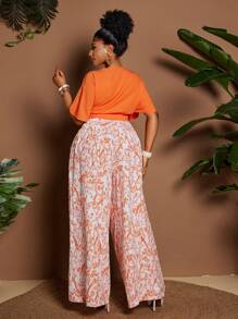 Maweii 大码纯色V领短袖上衣和数码印花裤两件套，优雅假日装