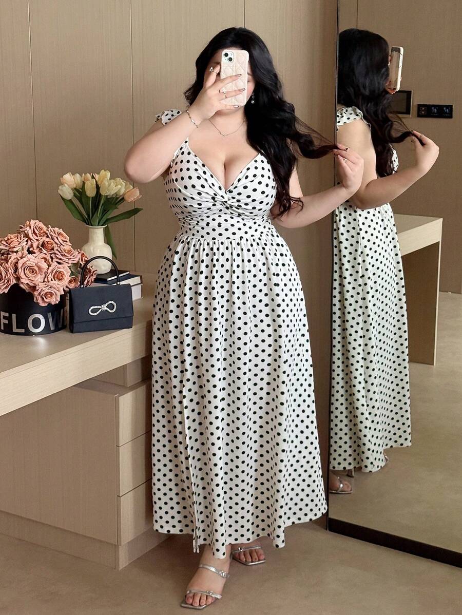 Flirla Plus Size Romantic Polka Dot Sexy Dress - Black and White - View 1