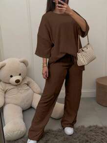 SHEIN 2pcs/Set Plus Size Women Solid Color Round Neck Drop Shoulder Top And Pants - Coffee Brown - View 3