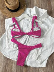 Swim Vcay Set de 2 piezas Conjunto de bikini elegante de unicolor con concha metálica para vacaciones y playa, color rosa para el verano - Rosa Fucsia - Ver 2