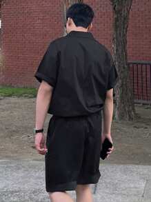 DAZY 2pcs/Set Men's Solid Black Shirt Set, Summer - Black - View 2