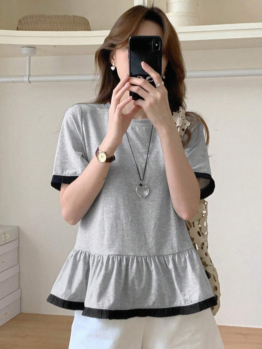 DAZY Women Patchwork Color Block Casual Short Sleeve Loose Cute Lace Trim T-Shirt, Summer - Grey - View 1