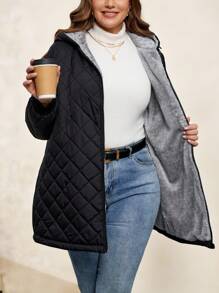 SHEIN Clasi Plus Size Casual Solid Color Diamond Quilted Padded Hooded Jacket For Winter - Black - View 8