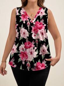 SHEIN Clasi Casual Elegant Floral Print V-Neck Plus Size Blouse, Suitable For Spring And Summer Chic Blouses For Women - Black - View 3