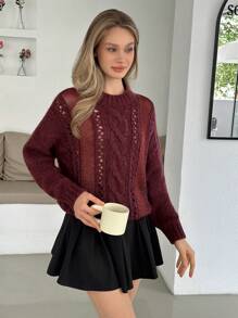 EURMUSE Damtröja med rund hals och långärmad design, lös passform och ihålig passform - Bourgogne - Visa 5