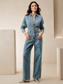 Anewsta 镶有水钻的休闲百搭牛仔衬衫，适合优雅的商务休闲女性 - 藍色 - 查看 6