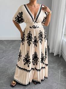 SHEIN Tall Plus Size Women High-Waist Elegant Plaid Ruched Jumpsuit, Suitable For Vacation