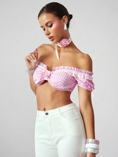 ROMWE Avant Chemise courte rétro française des années 60 à épaules dénudées avec nœud en ruban