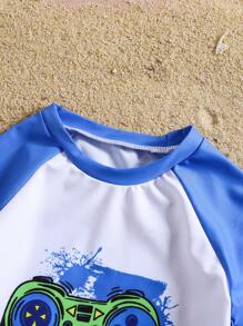 Ensemble de maillot de bain 2 pièces pour jeunes garçons, imprimé fixe partiel à l'avant, imprimé aléatoire ailleurs