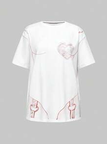 ROMWE J-Fashion Women's Y2K Vintage Grunge Angel Ribbon Tie Skeleton Print Oversized T-Shirt - White - View 2