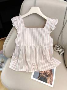 Jouncy New Stylish Striped Ruffled Sleeve Square Collar Casual Cap Sleeve Blouse For Women