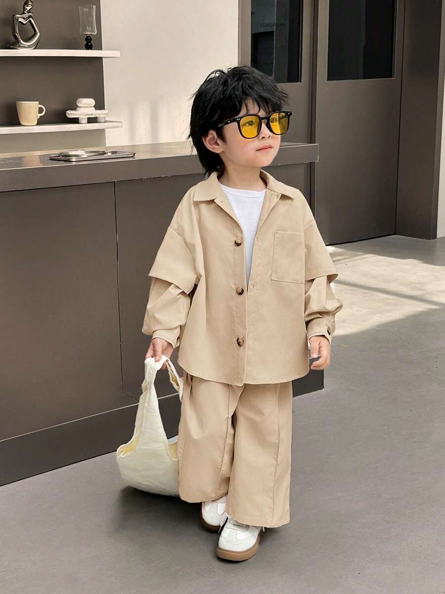 SHEIN 2 件套年轻男孩韩版休闲超大纯色长袖翻领纽扣衬衫和松紧腰直筒裤套装,适合外出、上学、聚会 - 卡其色 - 查看 1