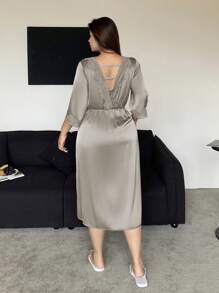 Dazy Plus Purple Contrast Lace V-Neck Cinched Waist Long Nightgown With 3/4 Sleeves, Elegant Sleepwear For Spring Summer Autumn