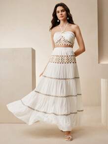 Anewsta 海滩度假风格吊带白色长裙，女士迷人两件套 - 白色 - 查看 4