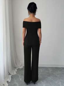 Elenzga 女士露肩收腰连体裤，优雅、浪漫、简约，适合通勤 - 黑色 - 查看 2