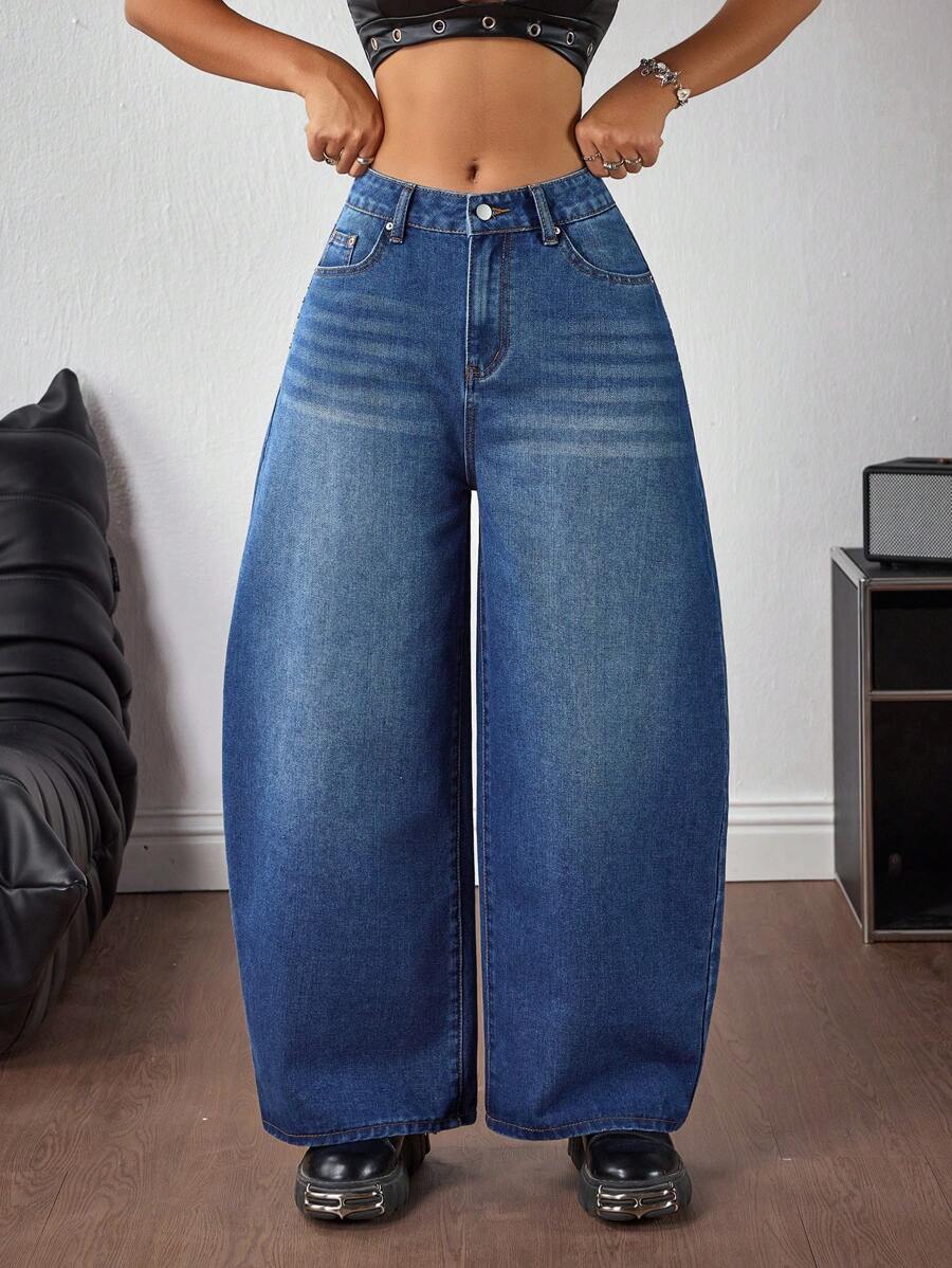 SHEIN ICON 女式蓝色宽松休闲夏季时尚百搭牛仔裤 - 藍色 - 查看 1