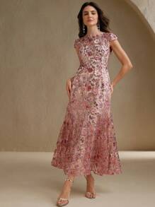 Anewsta Váy ngắn tay sequin lưới hoa thanh lịch màu sâm panh dành cho nữ, trang phục dự tiệc tinh tế, trang phục nghỉ dưỡng, trang phục xuân/hè - Màu tím hoa cà - Xem 6