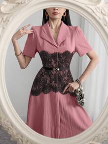 Modelyn Collared Wrinkly Contrast Lace Ruffle Hem Dress - Pink - View 2