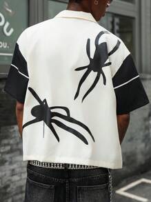 PAVTROS Manfinity Streetrush Men's Contrast Color Spider Web Print Short Sleeve Shirt Men's Graphic Shirt Graphic Men Shirts Streetwear Men Shirts - Beige - View 3