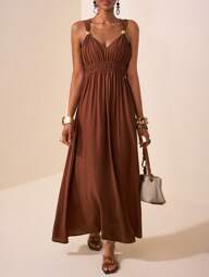 Zivah Coffee Brown,Summer,Casual,Tropical,Vacation,Holiday Women's V-Neck Sleeveless Wooden Button Decor Ruffle Waist Maxi Dress,Boho Beach Wedding Guest