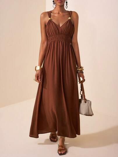 Zivah 2025 Spring & Summer New Arrival Music Festival, Easter, St. Patrick's Day, Western, Nomadic, Birthday Party, Graduation Season, College Style, Daily Casual, Basic Versatile, Leisure, Cruise, Beach, Sunbathing, Viral Online, Street Style, Wedding Guest Boho, Commute, Brunch, Airport Outfit - Brown V-Neck Sleeveless Wooden Button Decor Ruffle Waist Maxi Dress,Boho Clothes Women