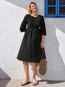 EMERY ROSE Spring/Summer Casual Loose Round Neck Mid-Length Sleeve Midi Dress With Stripe Detail For Women - Black - View 3