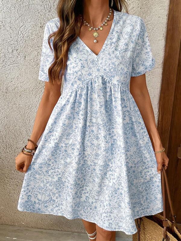 EMERY ROSE Women's Summer Vacation Floral Print V-Neck Cuffed Sleeve High Waist Short Dress