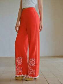 MOTF STUDIO EMBROIDERY DETAIL SLANT POCKET WIDE LEG SUIT PANTS - Orange - View 3