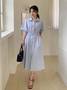 DAZY 女式领结腰短袖衬衫裙，中长款，返校服 - 藍色 - 查看 9