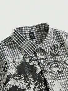 ROMWE MEN Grunge Punk Men's KPOP Street Summer Plaid Cross Print Short Sleeve Single-Breasted Casual Shirt, Emo - Multicolor - View 3