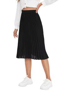 Ellevyn Elastic Waist Pleated Midi Skirt - Black - View 4