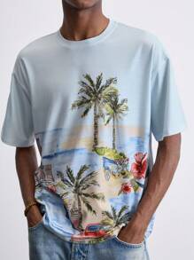 Maija 2025 Sommer Neu Tropischer Regenwald Hawaii Resort Stil Palmenbaum Muster Rundhals Kurzarm Pullover Herren T-Shirt, modern elegant lässig Büro Pendeln Alltagstragen, passend für Hochzeitsgäste, Angestellte, Flughafen, Strandurlaub, Konzert, Party und andere Anlässe