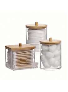 SHEIN 1 pièce/3 pièces, 7/10 oz Ensemble de bocaux de rangement en plastique transparent pour Apothicaire pour les pompons de maquillage, les tampons ronds, la soie dentaire et plus, convient pour le rangement de la salle de bain, boîte de rangement de maquillage de table de maquillage avec couvercle en bois