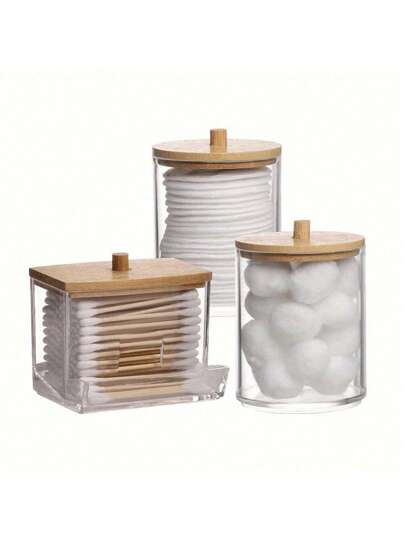 1 件/3 件，7/10 盎司透明塑料药剂师储物罐套装，适用于化妆绒球、圆形垫、牙线等，适用于浴室罐子储物整理、梳妆台化妆品储物盒，带木盖