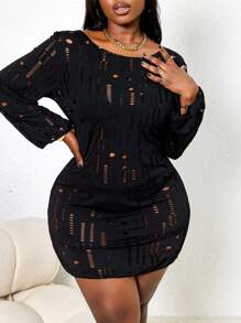 Slaydiva Plus Size Women Hollow-Out Sexy Casual Vacation Long Sleeve Cover Up