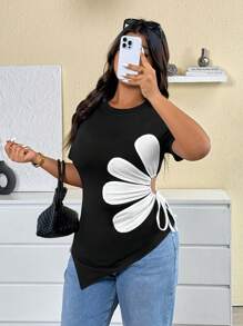Elenzga Camiseta de Gola Redonda de Manga Curta Plus Size, Moda para o Verão - Preto - Visão 5