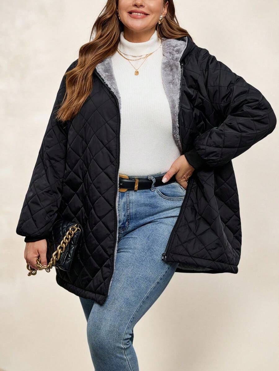SHEIN Clasi Plus Size Casual Solid Color Diamond Quilted Padded Hooded Jacket For Winter - Black - View 1