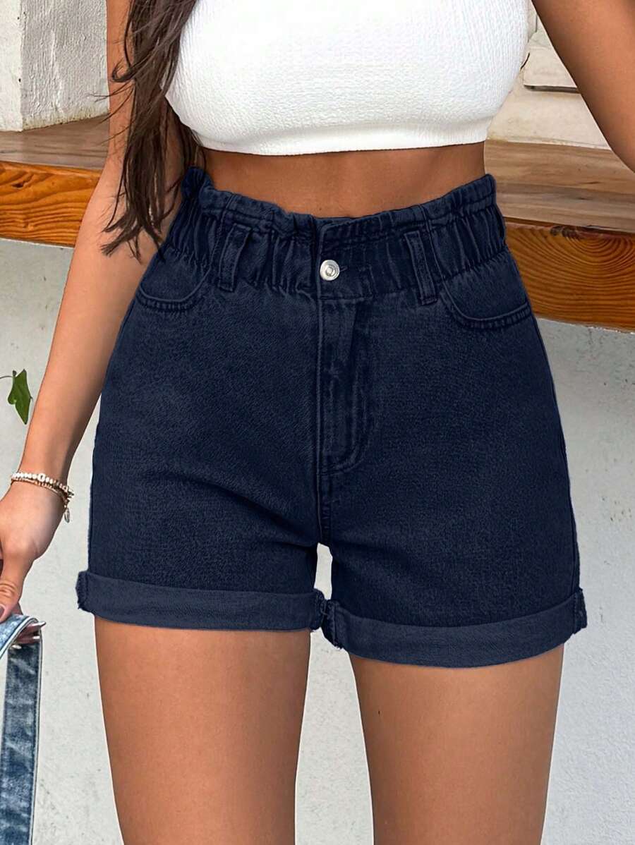 SHEIN Cottnline 100%Cotton Rigid, Elastic Band Detailed Shorts ,Petite Women - Dark Wash - View 1