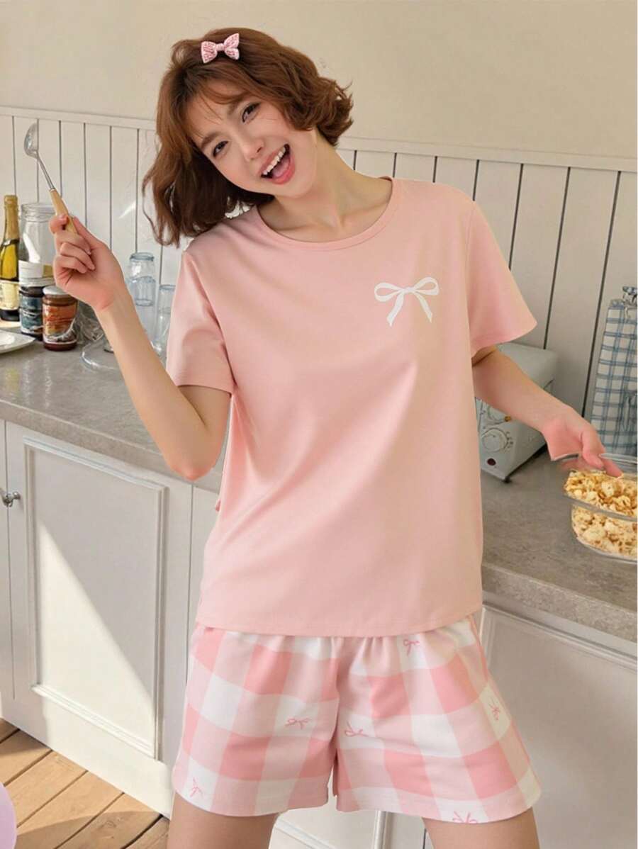 SHEIN 2 Pieces Set For Teenage Girls - Black Top With Bow And Heart Plaid Pattern Shorts, Homewear - Pink - View 1