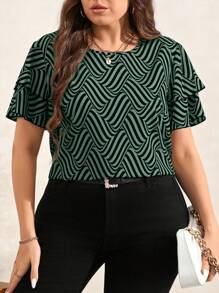 SHEIN Clasi Áo thun sọc cổ tròn tay đôi cỡ lớn thường ngày, dành cho mùa hè - Màu xanh lá cây đậm - Xem 3