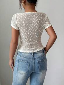 Elenzga Women 3D Flower Decor Asymmetric Collar Short Sleeve T-Shirt, Summer