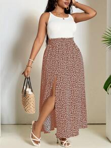 SHEIN PETITE CURVE Plus Size Summer Vacation Ditsy Floral Split Hem Maxi Skirt With High Slit, Summer Vacation Country Concert - Red - View 5