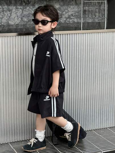 DAZY 2pcs/Set Young Boys Printed Short Sleeve Jacket + Shorts Outfit, Fall